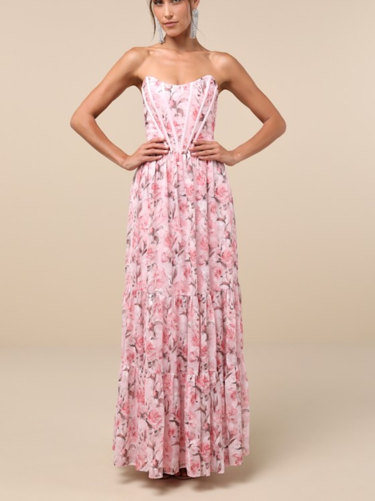 Lulus Special Moment Pink Floral Strapless Bustier Maxi Dress - Size Xl